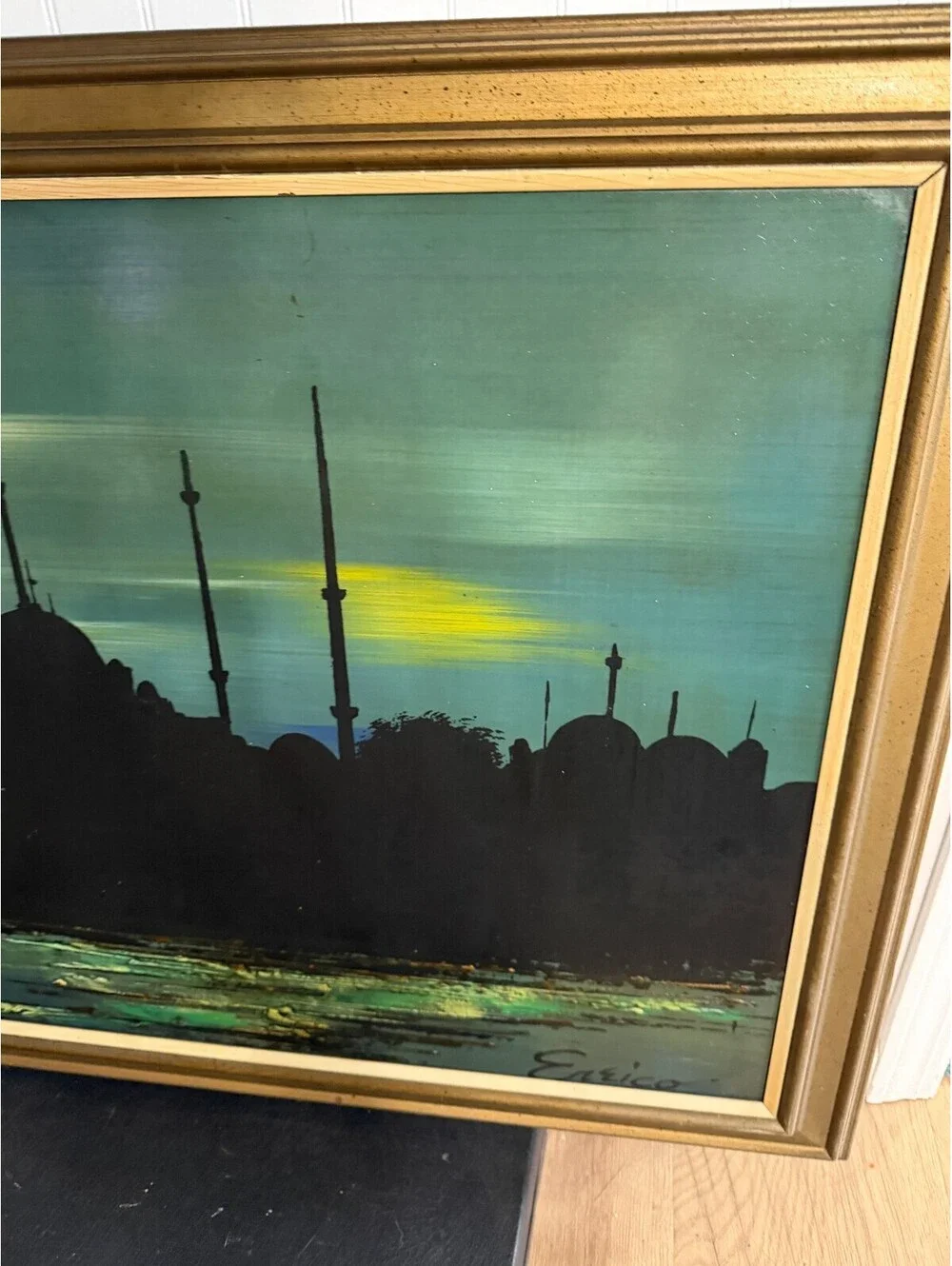 MCM Framed Signed Painting of City Skyline at Dusk  52” x 28.5”